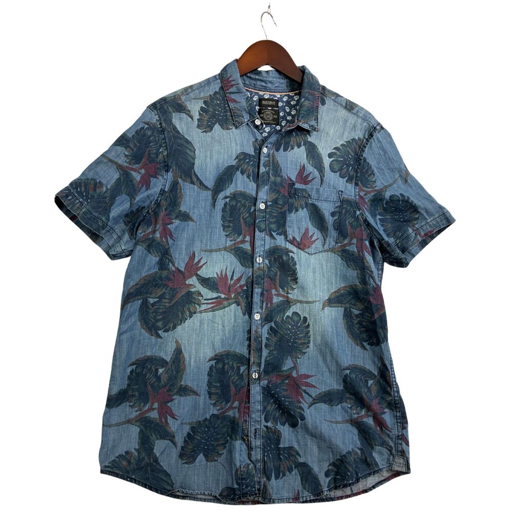 Buffalo David Bitton Mens Floral Chambray Shirt Blue Short Sleeve Button Up